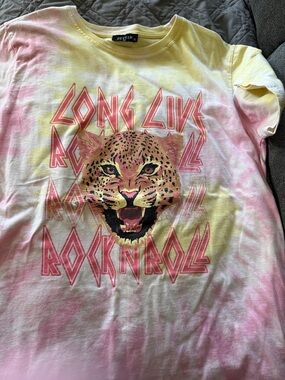 Women’s  "Long Live Rock N Roll" Tie-Dye Tee - Pink & Yellow